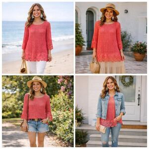 Coral Crochet Lace Tunic Top  Large Boho Beachy Summer Blouse Open Knit coverup